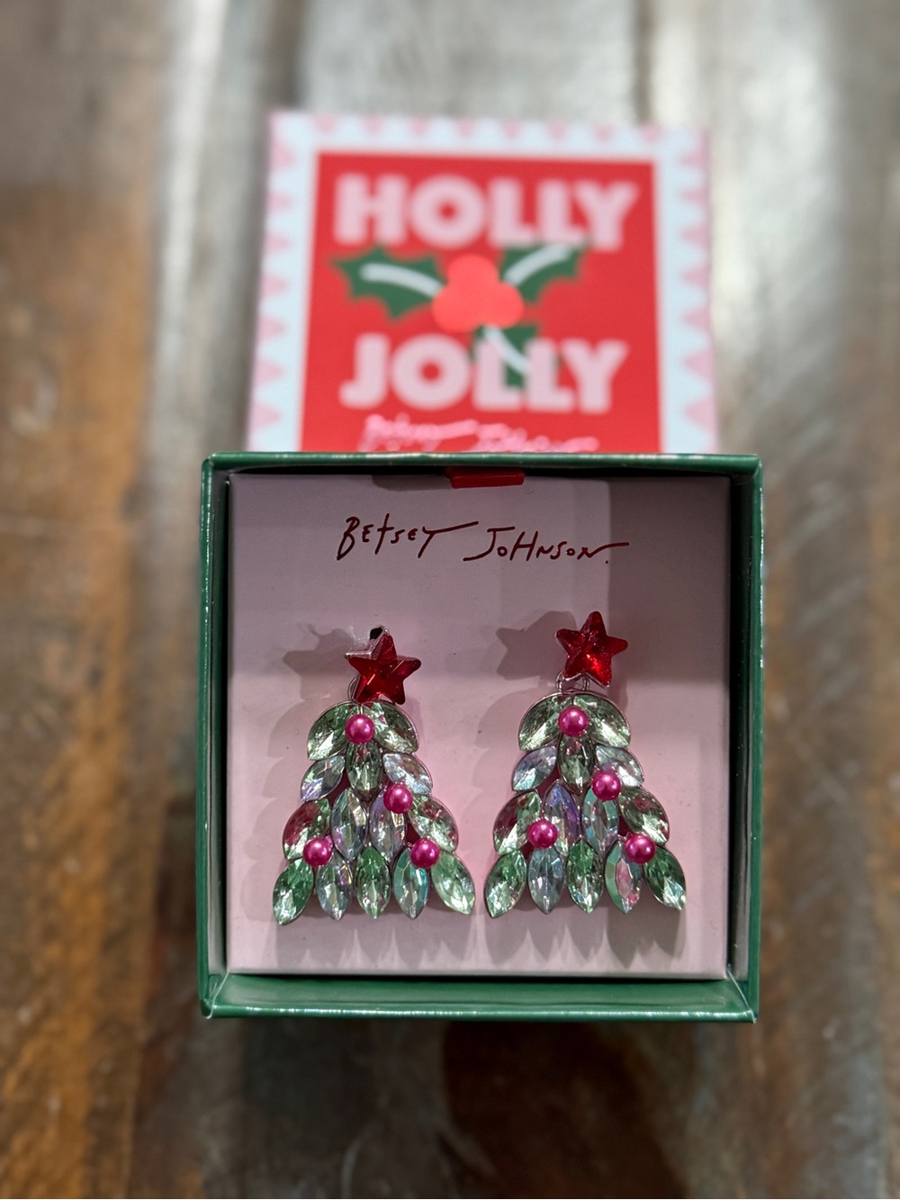 Betsey Johnson Holly Jolly Crystal Christmas Tree Earrings NIB